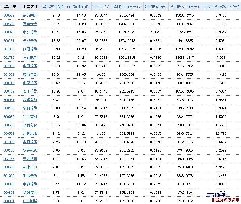 传媒娱乐净利润总表