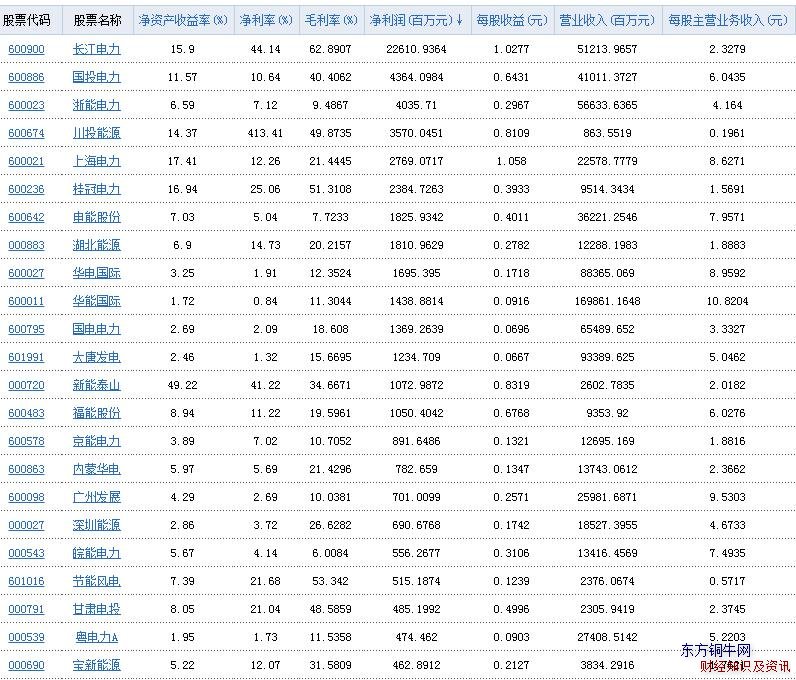 电力行业净利润表