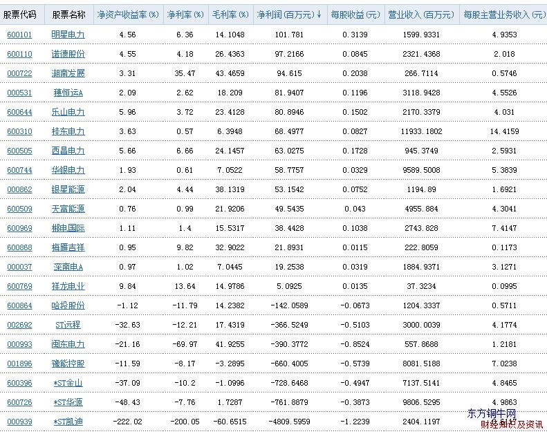 电力行业净利润表